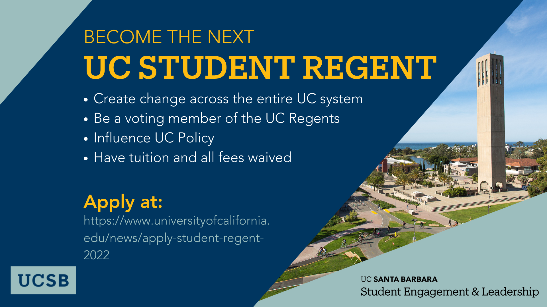 Help create change across the entire UC system and the be student voice to the UC Regents